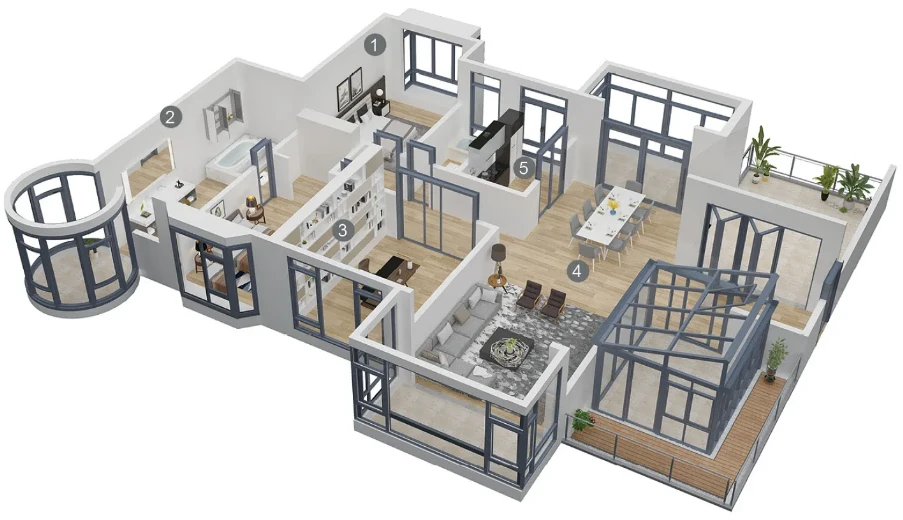 Vue en coupe d’un logement montrant différentes applications de fenêtres et portes